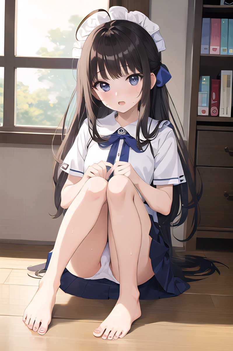 kutushitakunn's tweet photo. 「あ、いえ、違いますよ。これはその、ちょっと早くお仕事が終わったので…。ごめんなさい、おやすみしてました…」
A barefoot maid girl resting in the library.
#AIart 
#ＡＩイラスト
#裸足
#裸足メイド https://t.co/G8ycs9dc9t