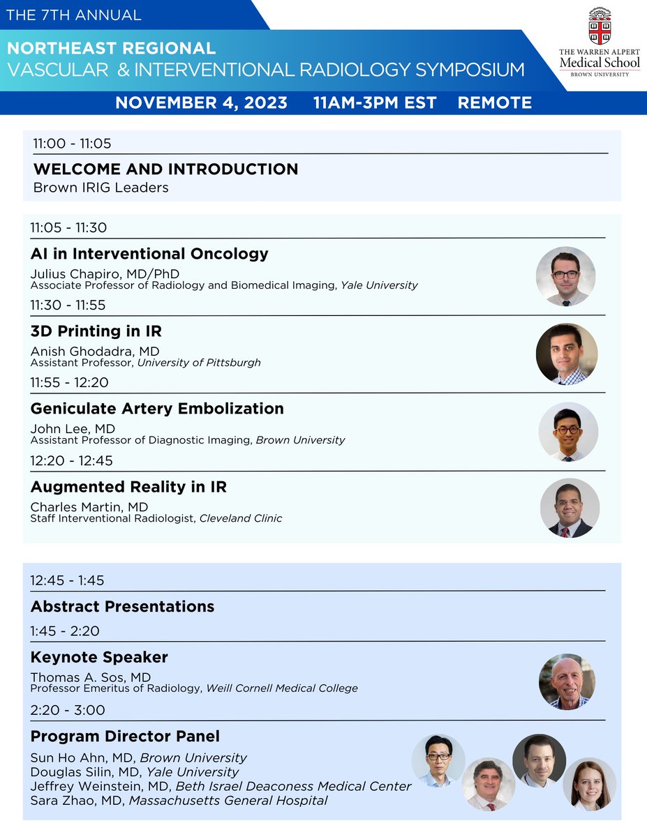 John J Hufnagle, IV, MD (@the_iv_feed) on Twitter photo Register for and submit your abstract for the Northeast Regional Vascular & Interventional Radiology Symposium on 11/4!
See a presentation from my attending <a href="/JuliusChapiro/">Julius Chapiro</a>, and catch my PD <a href="/d2silin/">Douglas Silin</a> at the Program Directors Panel!
sites.brown.edu/vir-symposium/ Register for and submit your abstract for the Northeast Regional Vascular & Interventional Radiology Symposium on 11/4!
See a presentation from my attending <a href="/JuliusChapiro/">Julius Chapiro</a>, and catch my PD <a href="/d2silin/">Douglas Silin</a> at the Program Directors Panel!
sites.brown.edu/vir-symposium/