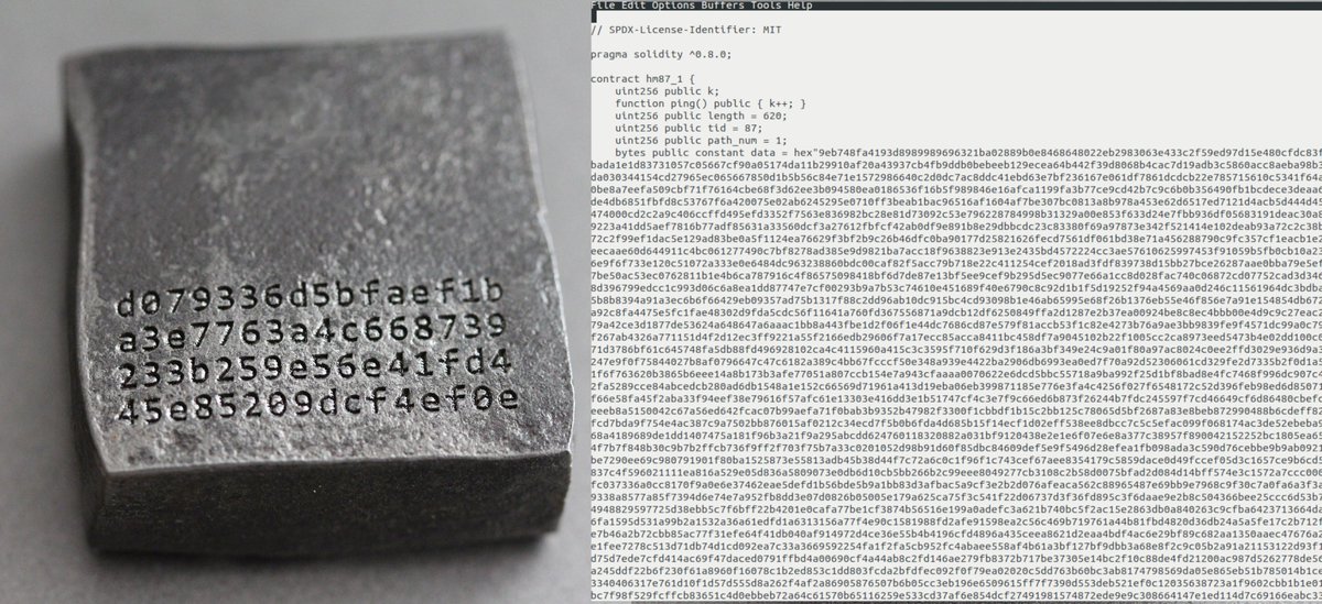 SVGs of each Hashmark are stored on-chain(glad I got that done, bout to get more expensive) They are public, but secret: strongly encrypted via a keccak256 stream cipher. Collectors reveal by submitting the engraved key; image will be decrypted on the fly direct from tokenURI()