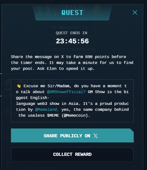 itsjamesmeister's tweet photo. New quest for @memecoin! 24 hrs!
Use captainz #5330 for referral
$meme $btc #shitcoin #memeland #crypto #moon #bullisback https://t.co/stjcM2dKEJ