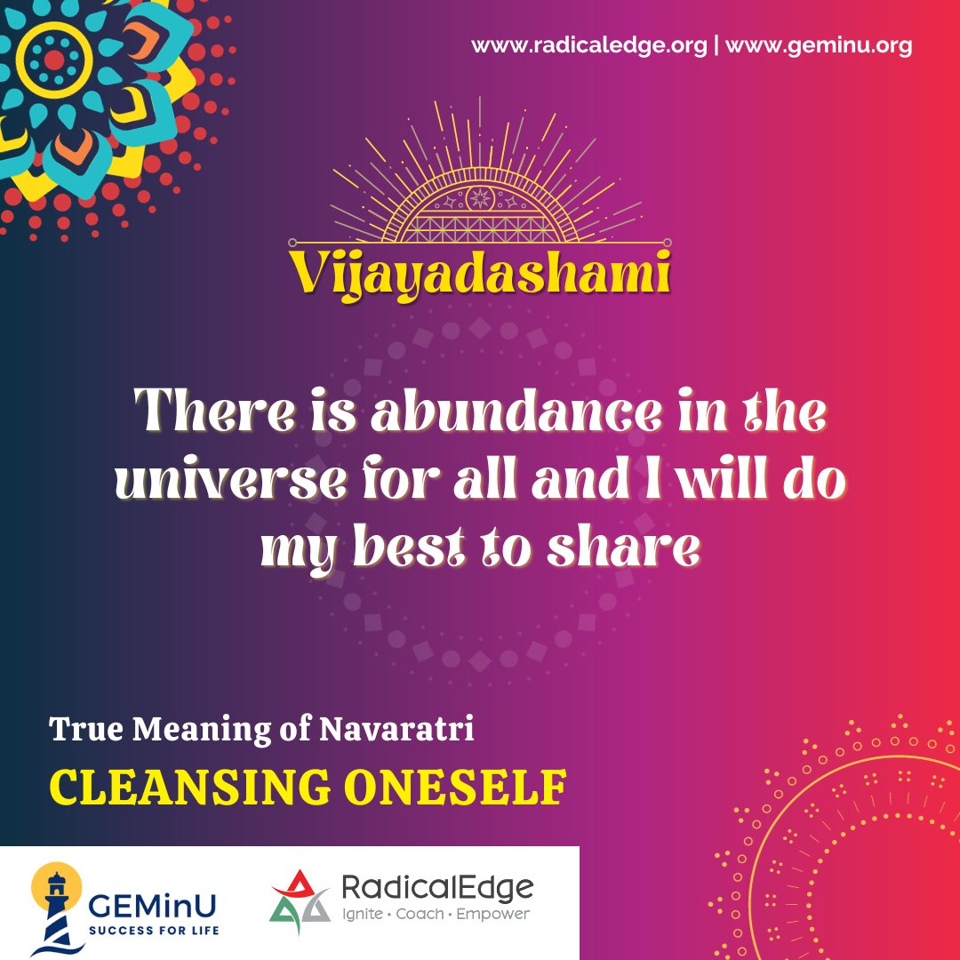 Radicaledge3's tweet image. True Meaning of Navaratri is Cleansing Oneself:

There is abundance in the universe for all and I will do my best to share

RadicalEdge Learning Consultants wishes you Happy Vijayadashami

#navaratri2023 #radicaledgelearningconsultants #vijayadashami
#dussehra2023
