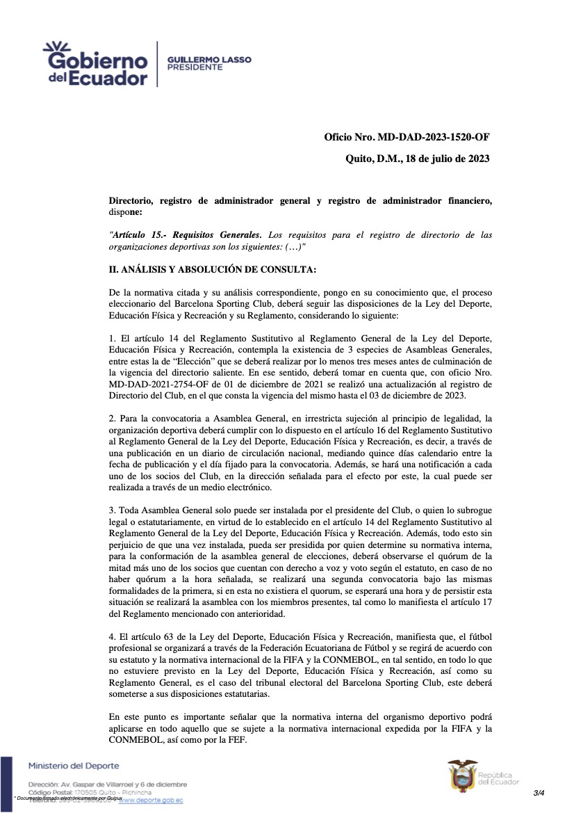 TribunalEBSC's tweet photo. Respuesta a Barcelona Sporting Club del Ministerio del Deporte. https://t.co/3hyxjN4EHH