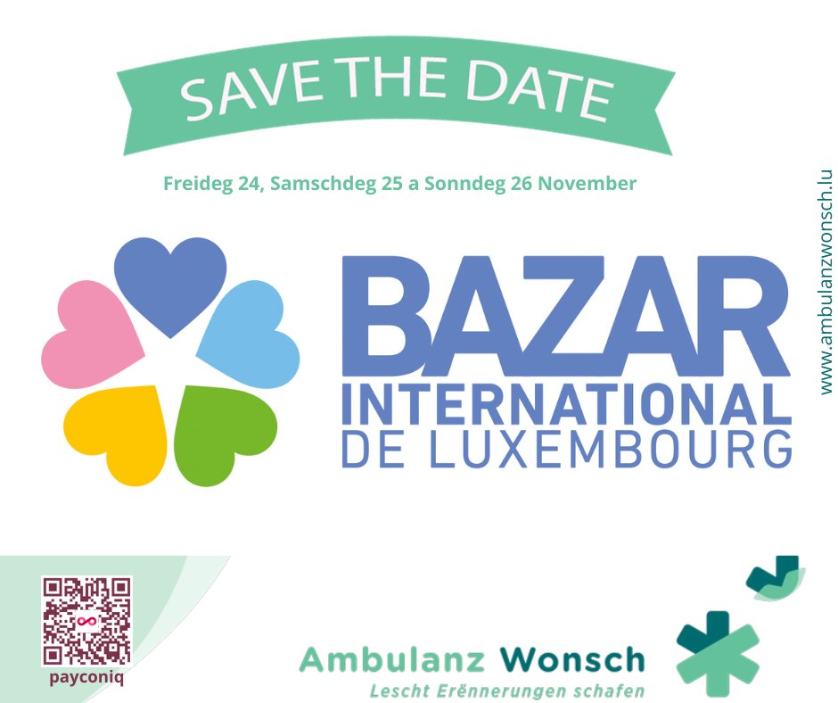 Spuert d'Datumer:  24,  25 a Sonndeg 26 November fir The #BazarInternationaldeLuxembourg, dee gréissten internationalen an alljährlechen Spendenaktioun zu Lëtzebuerg.

<a href="/AmbulanzWonsch/">Ambulanz Wonsch</a>  (Lëtzebuerg) ass dankbar fir ee vun de Benificairen ze sinn!

bazar-international.lu