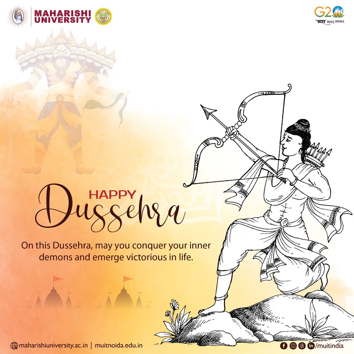 Happy Dussehra! 🎉

Celebrate the victory of good over evil.
Wishing you all a very happy & prosperous Dussehra from Maharishi University of Information Technology. 🙏✨

#HappyDussehra #FestivalOfVictory #dussehra2023 #Muitindia #maharishiuniversity #maharishimaheshyogi