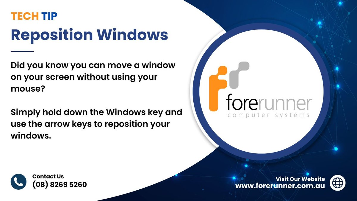 ForerunnerCS's tweet image. Learn how to reposition windows on your computer with keyboard shortcuts, with this week&apos;s Tech Tip.
#TechTip #WindowsTip