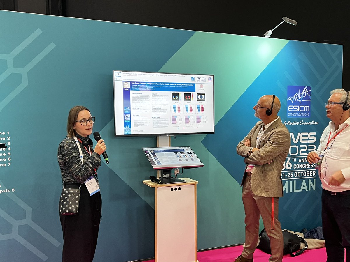 MariangelaPell's tweet photo. Stina @stinajb4 presenting our work on the influence of BMI on V/Q in ARDS. #ESICM #LIVES23 👩💻DECT can give us easily available functional info om gas exchange in our critically ill patients. Excellent workshop Stina!! ⭐️🔝 https://t.co/qoo9q5GHdg