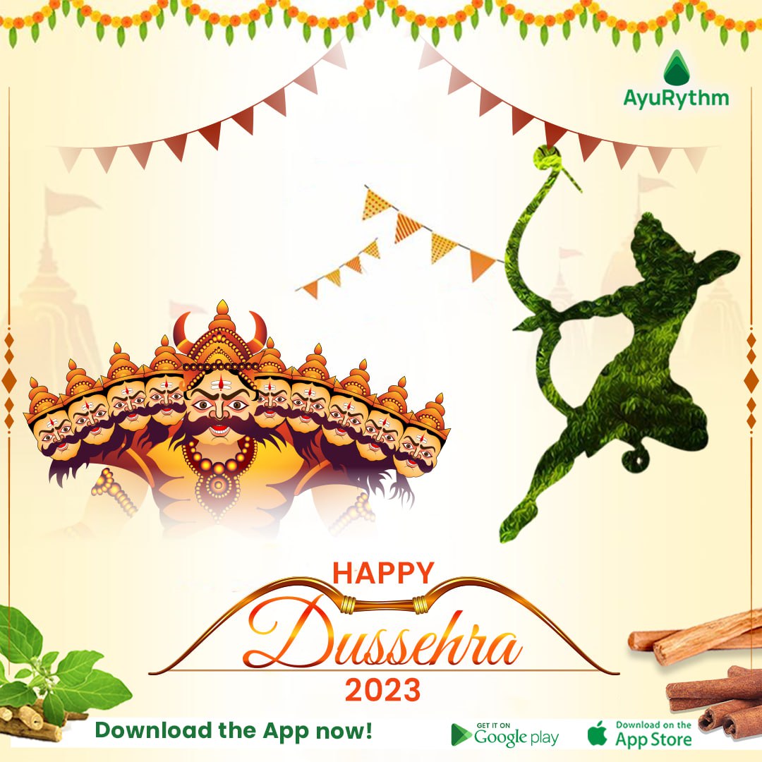 Embrace the victory of light over darkness, good over evil, and hope over despair. Wishing you a joyous and blessed Dussehra! 🙏✨
.
.
#AyuRythm #Dussehra #FestivalOfVictory #GoodOverEvil #Celebration #JoyousMoments #IndianFestivals  #Blessings #Tradition #Culture #Vijayadashami