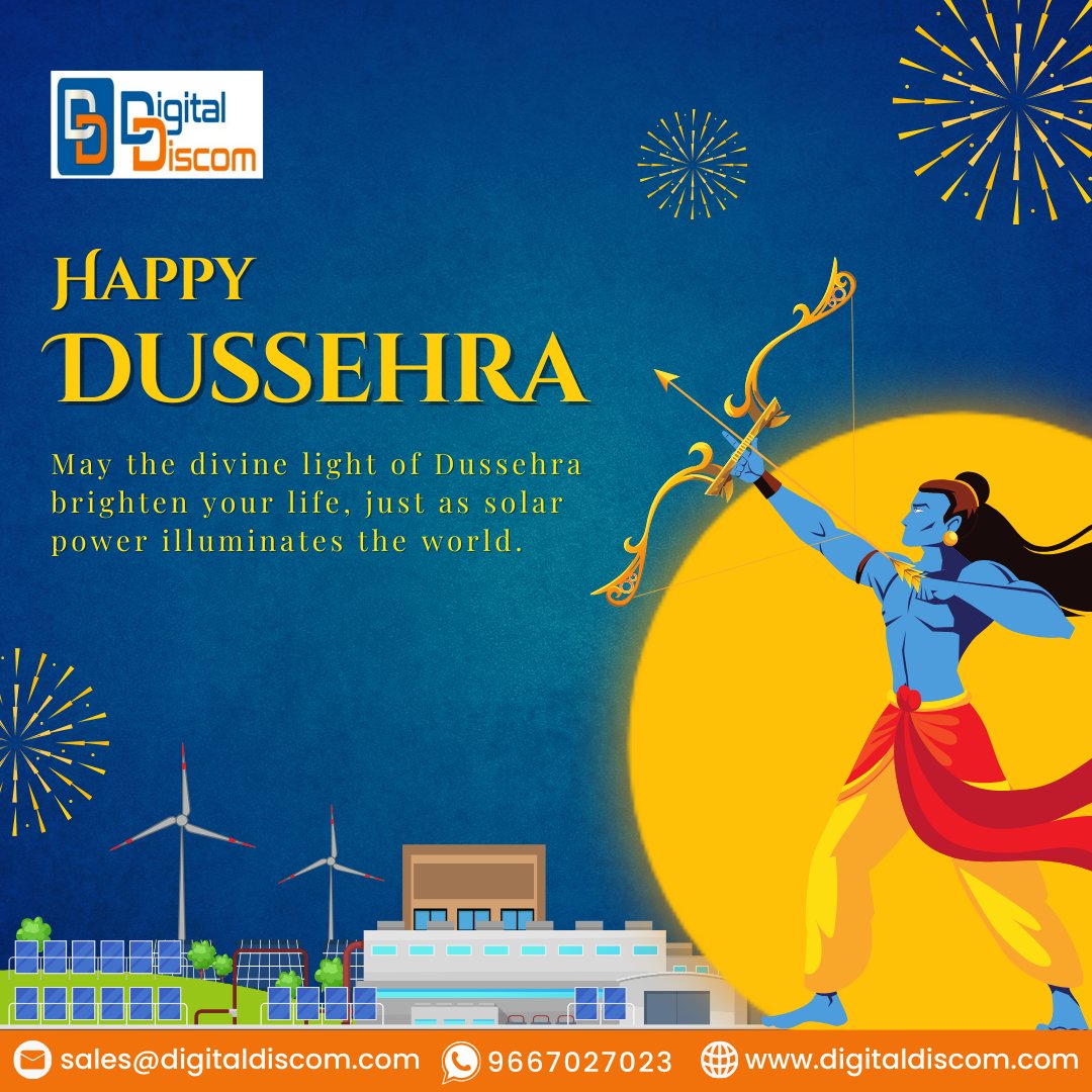 DigitalDiscom's tweet photo. Digital Discom wishes you a radiant and prosperous Dussehra!

Let the victory of good over evil illuminate your life as bright as the sun. 
.
.
#HappyDusshera #GreenEnergy #saveenergy #विजयादशमी https://t.co/NxZFPZvIng