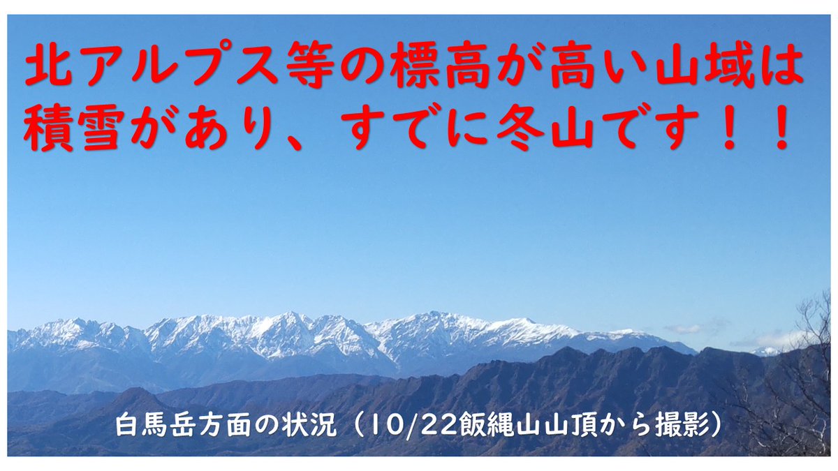 NAGANO_P_M_R's tweet photo. 先週県内では、１件の死亡遭難を含む、11件の遭難が発生しました。北アルプスなどの標高が高い山域❄️では、既に20～30㎝の積雪☃️があり、冬山🏔️の様相です。安易な計画や入山は、致命的な遭難😖に直結しますので、今一度🤔自身や仲間の体力💪・技術🧗‍♂️に見合った山域を選びましょう。＃山岳遭難 https://t.co/91QDiEygVS