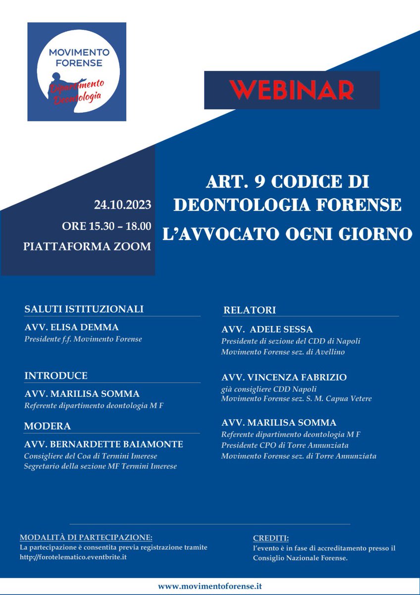 MF #webinar #dipartimentodeontologia il 🚨🚨🚨OGGI🚨🚨🚨 ore 15:30-18:00 “ART.9 CODICE DI DEONTOLOGIA FORENSE. L’AVVOCATO OGNI GIORNO”  <a href="/alalumia/">Nino La Lumia</a> <a href="/MCesali/">Massimiliano Cesali</a> <a href="/radiotribunale/">RadioTribunale</a>