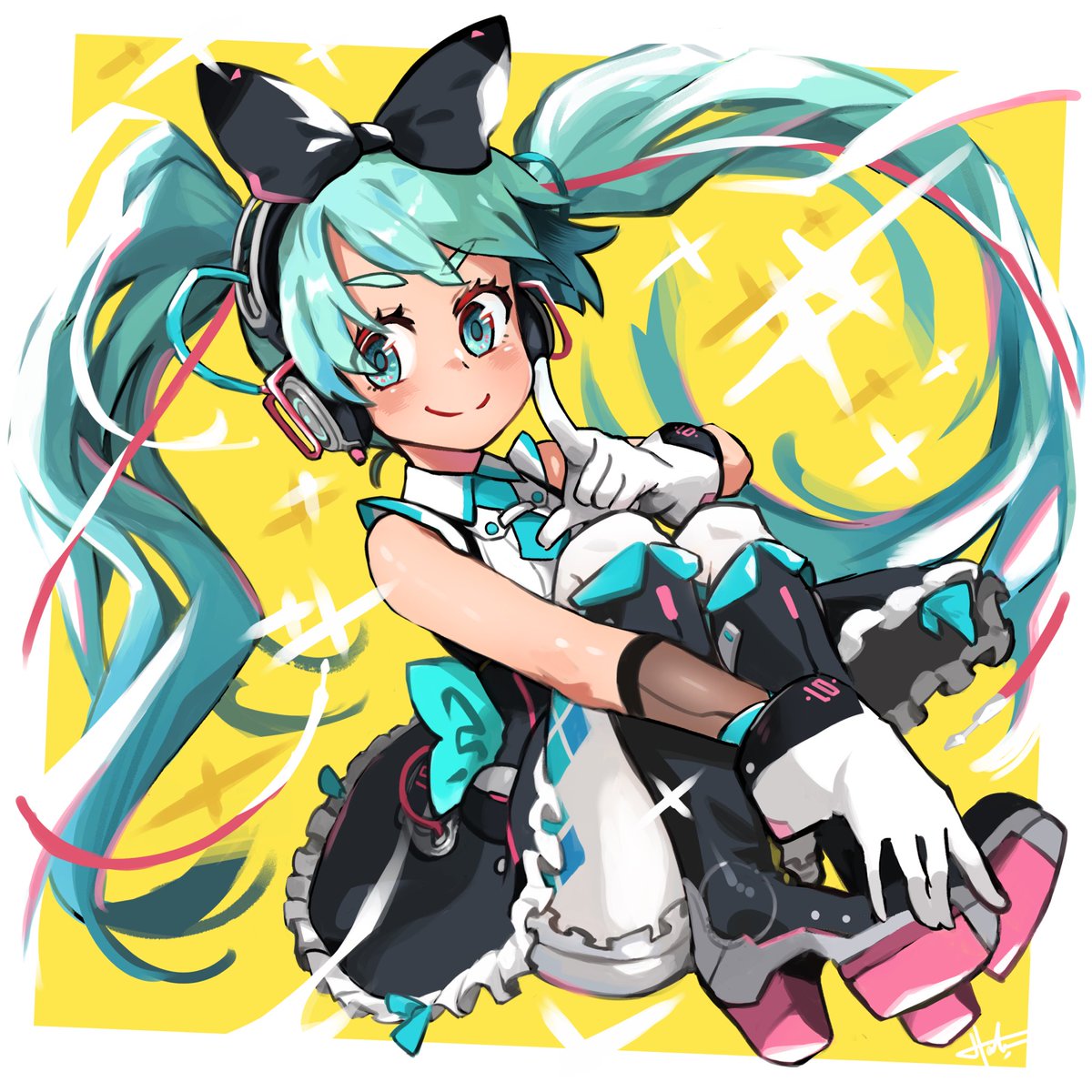 hatsune miku ,magical mirai miku 1girl solo gloves smile long hair headphones white gloves  illustration images