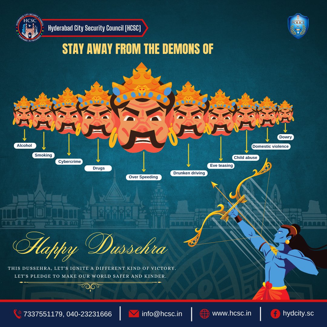 🌟🔥 Ignite a New Victory this Dussehra! 🌟🔥

Let's distance ourselves from the evils of alcohol, smoking, cybercrime, drugs, speeding, drunken driving, harassment, abuse, violence, and dowry.

Let's unite in our commitment to building a kinder, safer world.

🌟🎉 Wishing you a