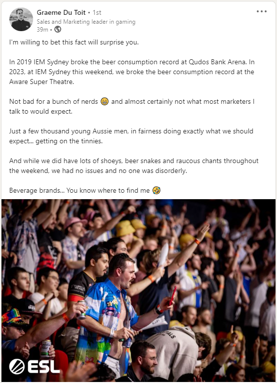 Elfishguy's tweet photo. Here's one for you degenerates courtesy of @graemedutoit.

"In 2019 IEM Sydney broke the beer consumption record at Qudos Bank Arena. In 2023, at IEM Sydney this weekend, we broke the beer consumption record at the Aware Super Theatre."

#IEM Sydney is nothing if not consistent! https://t.co/EgorsTjuJT