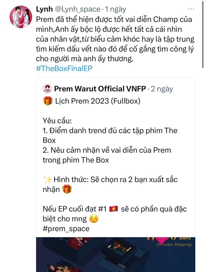 premwarut_vnfp's tweet photo. KẾT QUẢ GA🎉
Ad đã tìm ra 2 bạn thoả yêu cầu xứng đáng nhận phần quà
1.@Khaji2511
2.@Lynh_space
Cảm ơn như những lời nhận xét ngọt ngào mà 2 bạn dành cho P'Champ cũng như cho Anh nhà. Và sự đáng yêu đã dành thời gian tham gia trend💖
#prem_space #TheBoxFinalEP https://t.co/Nl3FpKIKRr
