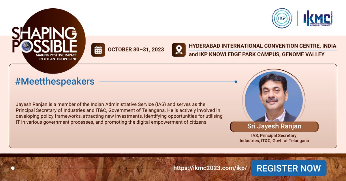 It is our privilege to introduce <a href="/jayesh_ranjan/">Jayesh Ranjan</a>, IAS, Principal Secretary, IT and I&amp;C depts., Govt. of #Telangana, as the Chief Guest for day 1 of #IKMC2023!

To attend the conference, register at: ikmc2023.com