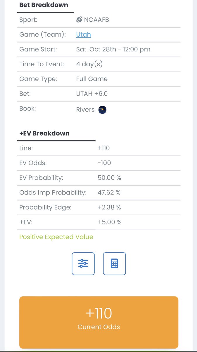 SB_Intel's tweet image. Late night NCAAF +EV hunting with our Plus EV Lines scanner. This is a good one - Utah +6 at +110 on BetRivers is exactly 5% +EV to the fair value line of +100. 

Utah takes on Oregon this Saturday in a Pac-12 showdown.

#sportsbetting #plusEV #positiveEV #NCAAF