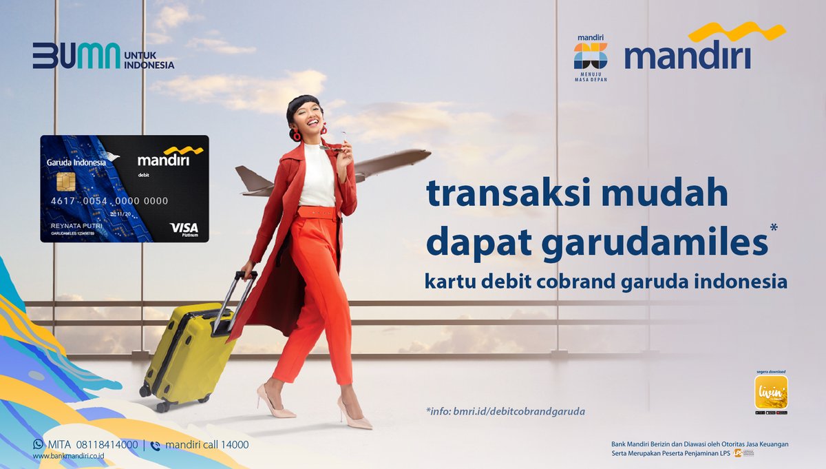 bankmandiri's tweet photo. Yuk, terbang ke destinasi impian dan manfaatin GarudaMiles kamu biar makin hemat.

Dapetin kemudahan bertansaksi dan berbagai penawaran menarik lainnya melalui #MandiriDebit.

Info lengkap, klik https://t.co/0tKX0MnQ8I

#mandiripromo https://t.co/yksepv18rg