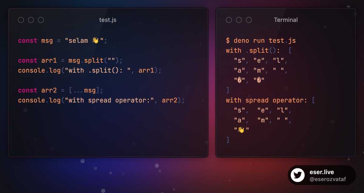 #javascript için yaptığım code review'larda string'lerin "split" metodunun kullanılması ile halen çok karşılaşıyorum.

bilhassa kullanıcı merkezli verilerin okunmasında (form, dosya vb.) unicode ve emoji kullanımını ile karşılaşma olasılığımızın hiç de düşük olmadığını