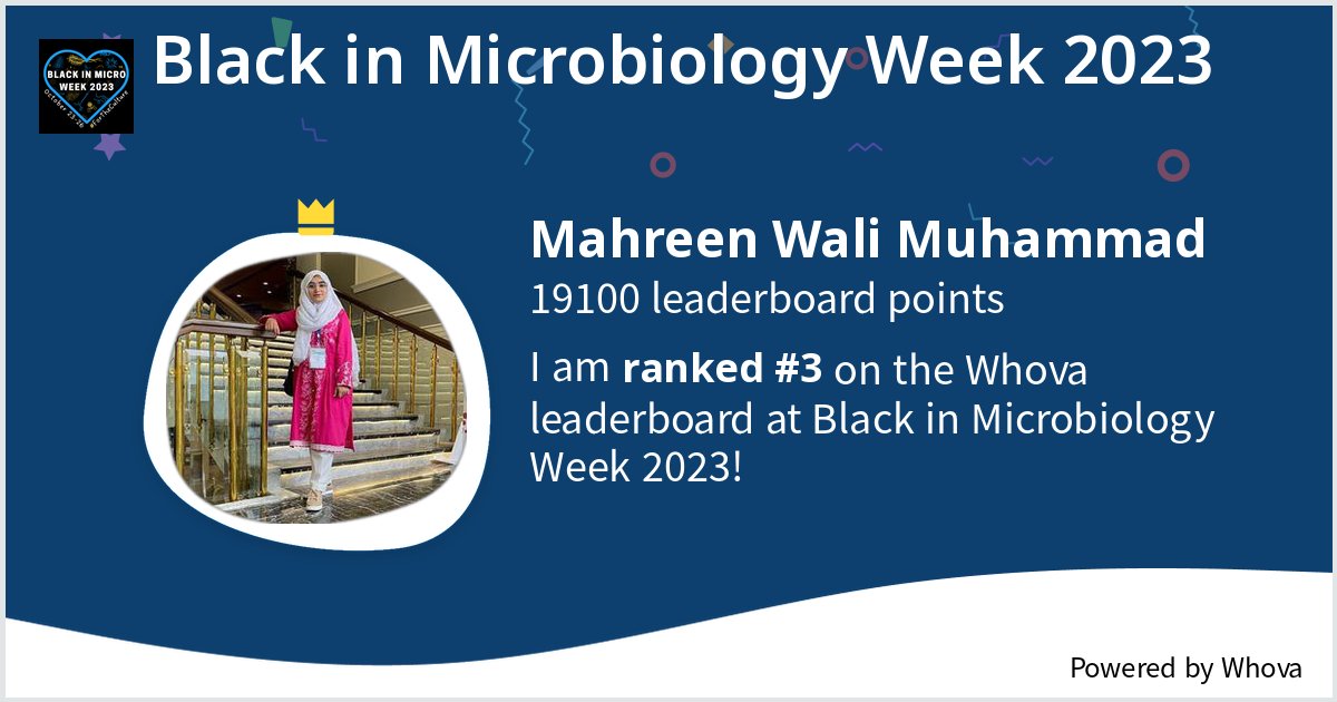 I ranked #3 on the Whova leaderboard at Black in Microbiology Week 2023! #TrialSampleTwitter - via #Whova event app