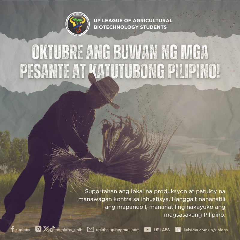 uplabs_uplb's tweet photo. ☀️🌾𝗢𝗞𝗧𝗨𝗕𝗥𝗘 𝗔𝗡𝗚 𝗕𝗨𝗪𝗔𝗡 𝗡𝗚 𝗠𝗚𝗔 𝗣𝗘𝗦𝗔𝗡𝗧𝗘 𝗔𝗧 𝗞𝗔𝗧𝗨𝗧𝗨𝗕𝗢𝗡𝗚 𝗣𝗜𝗟𝗜𝗣𝗜𝗡𝗢! 🌾☀️

𝒍𝒊𝒗𝒆 • 𝒍𝒂𝒖𝒈𝒉 • 𝑳𝑨𝑩𝑺 💙

#UPLABS
#UPLABS13
#PeasantMonth 
#TunayNaRepormaSaLupa
#UringMagsasakaPangunahingPwersa
#LupangNinunoDepensahan
#LupaAyBuhay https://t.co/CmvtySoFDT