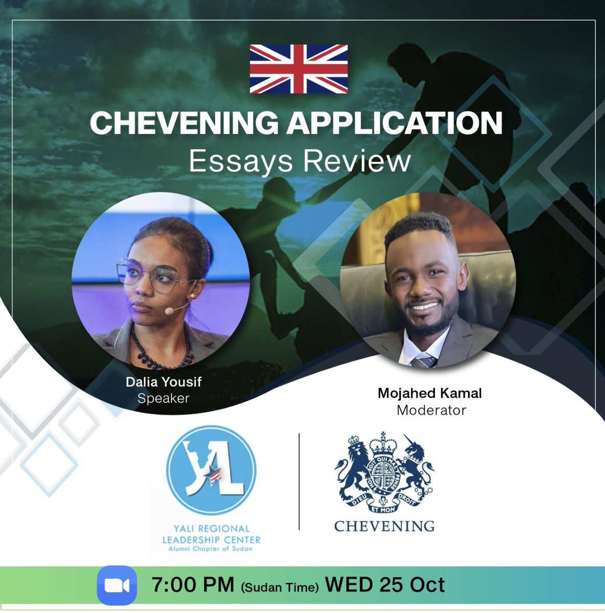 YALIRLCAlumniSD's tweet photo. Exciting news! 

You are invited to our exclusive Chevening Scholarship Application Guiding Session. 

🗓️ Date: 25th Oct 2023 
🕒 Time: 7:00 PM (Sudan Time) 
🔗 Session Link via Zoom: 
https://t.co/1eqQ6581ET

#MyDayinYALIRLCEA
#YALITransformation
#Impact #Transformation https://t.co/QLNyQWOhWn