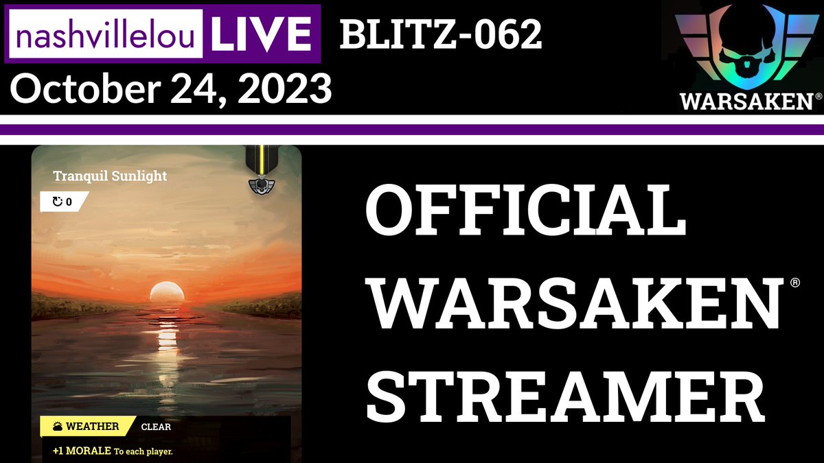 LouNashville's tweet photo. NashvilleLou Live 
Warsaken Blitz ep. 62 

Tuesday, October 24, 2023 
2p EDT (18:00 UTC) 

#strategygame #cardgame #funfactor #livestream #Twitch #WheelSpins #Loot #prizes #giveaways #WARBot 

https://t.co/sZL7SEo8gE https://t.co/CXRwaSfzWq