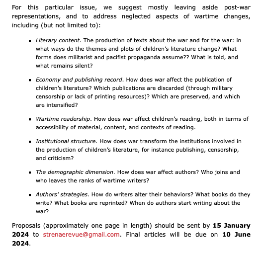 #CFP: Children’s Literature in Times of War
Special issue for Strenae journal, edited by Svetlana Maslinskaia and Kirill Maslinsky
Deadline for proposals: 15 January 2024
Deadline for full articles: 10 June 2024
Email: strenaerevue@gmail.com
Full CFP: journals.openedition.org/strenae/10329