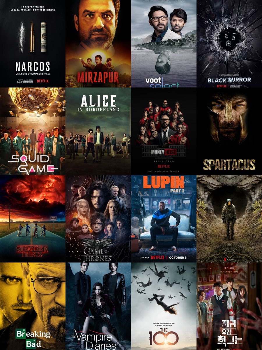 Karthik79956315's tweet image. THREAD - ALL TIME FAVOURITE WEBSERIES

1. Narcos
2. Mirzapur
3. Asur
4. Black Mirror
5. Squid Game
6. Alice In Borderland
7. Money Heist
8. Spartacus
9. Stranger Things
10. Got
11. Lupin
12. Dark
13. Breaking Bad
14. Vampire Diaries
15. The 100
16. All of us are dead