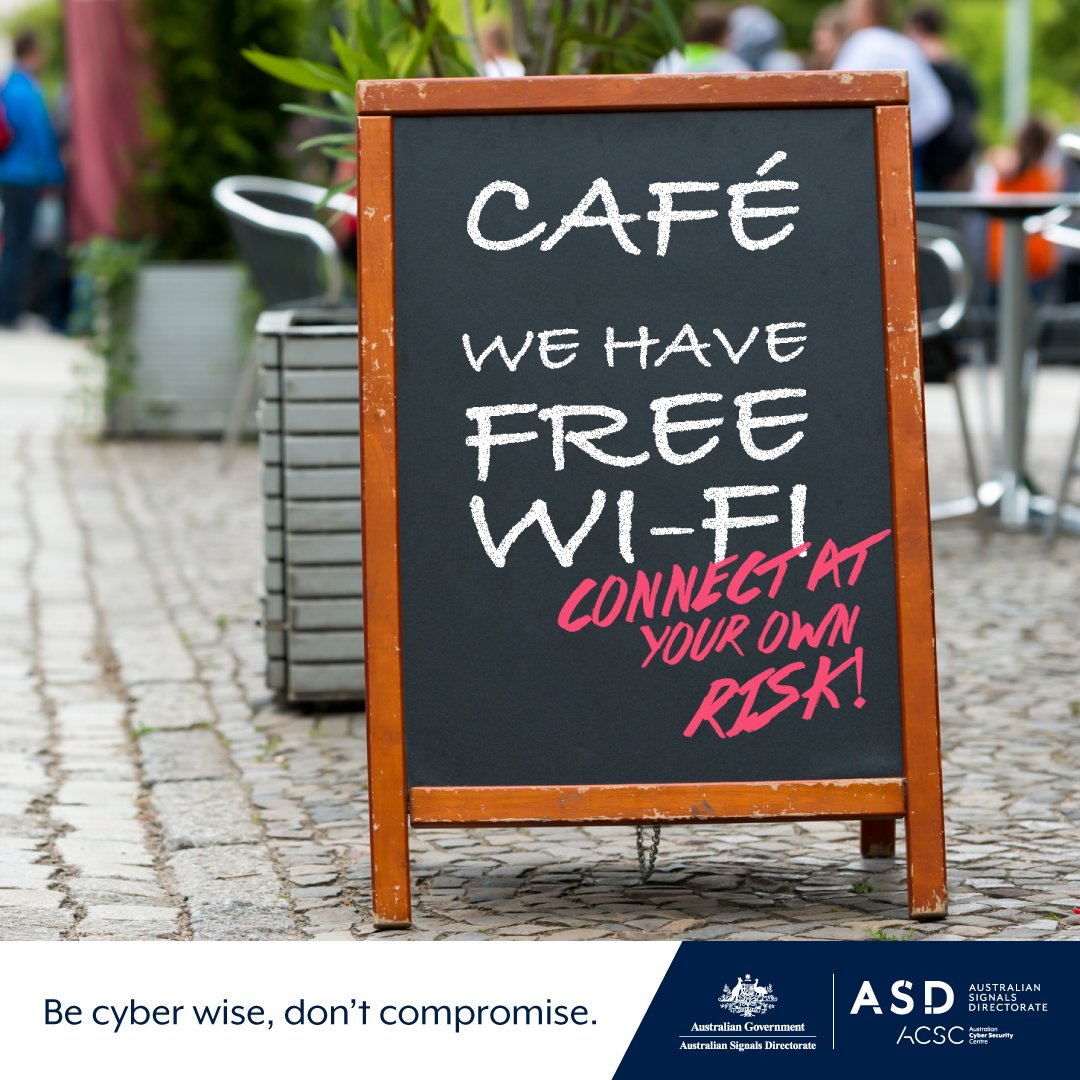 Public Wi-Fi is accessible everywhere you look, but do you know the risks of connecting?

This Cyber Security Awareness Month, be cyber wise – don’t compromise.

Find out how to stay secure 👉 cyber.gov.au/protect-yourse…

#FVEYSCyber #CyberMonth2023 #CyberSecurityAwarenessMonth2023