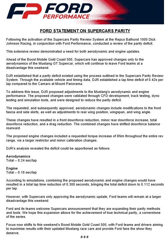 BRNightingale's tweet image. Ford Statement on Supercars parity ahead of the Gold Coast 500. 

#RepcoSC #Supercars