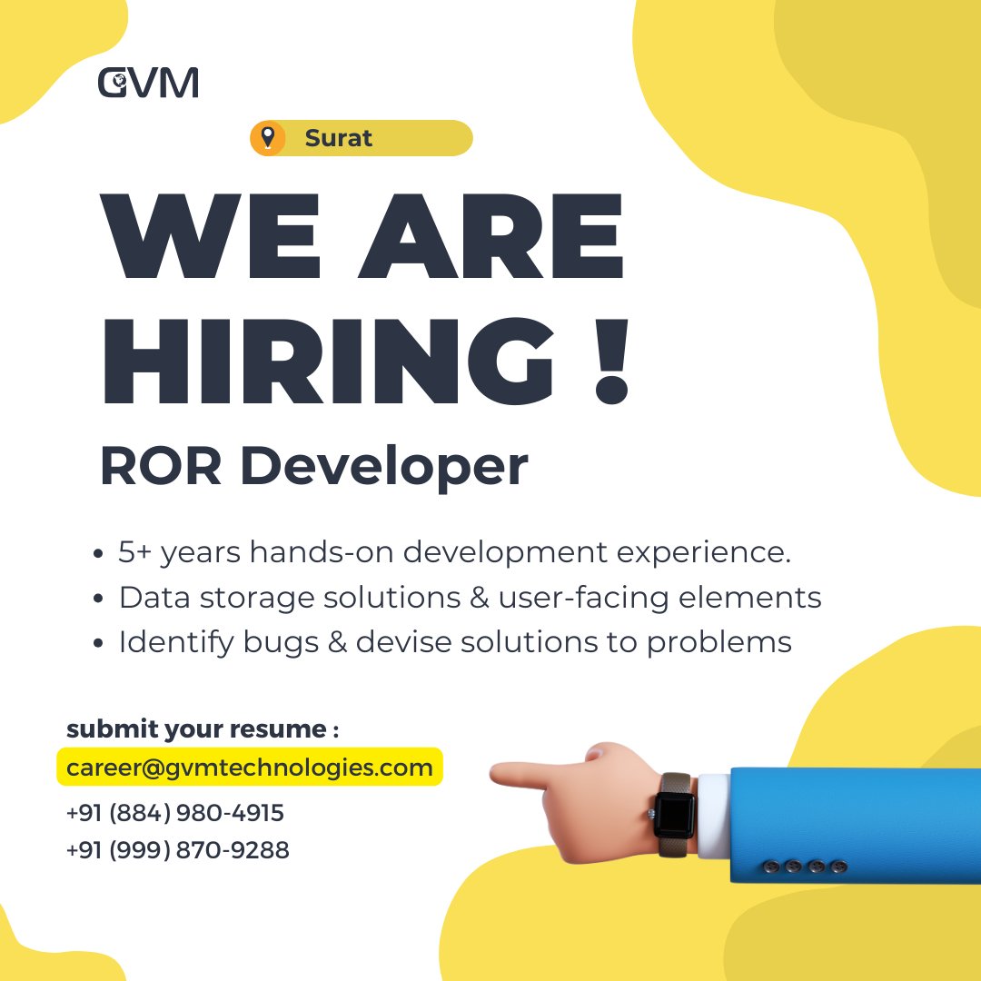 Exciting opportunity for a Ruby on Rails developer at GVM Technologies LLP's Surat office!

Please send your resume  to career@gvmtechnologies.com

#rordeveloper #hiringdeveloper #jobsfordeveloper #jobsinsurat #suratjobs #rubyonrails #developerjobs #developervacancy