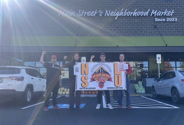 NSLU_PDX's tweet photo. With NSM opening stores all over PNW - Yet unable to provide their current staff fair wages and lifestyle scheduling #NSLU is here to protect our rights. Here’s what we’ve been up to! Photo Description- NSM employees practice picket for fair wages/scheduling https://t.co/o3vAeJeNOp