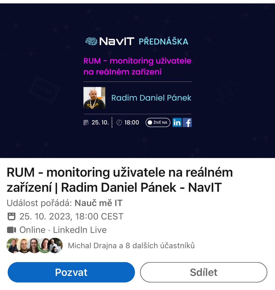 Zítra budu mluvit na téma: 🥃 RUM - observabilita uživatele na reálném zařízení.

🥃 RUMko se dnes využívá více a více, protože téměř bez práce se dozvíte, co se děje v aplikaci na zařízeních reálných uživatelů 🤟

linkedin.com/video/event/ur…