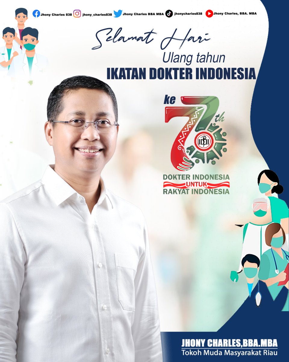 Selamat HUT IDI ke-73! Terima kasih telah membantu membentuk masa depan yang lebih sehat untuk Indonesia.

#HUTIDI #HUTIDIke73 #IKATANDOKTERINDONESIA #dokterindonesia #JC #Indonesia #Riau #RokanHilir #KamiAnakRiau #JhonyCharles838