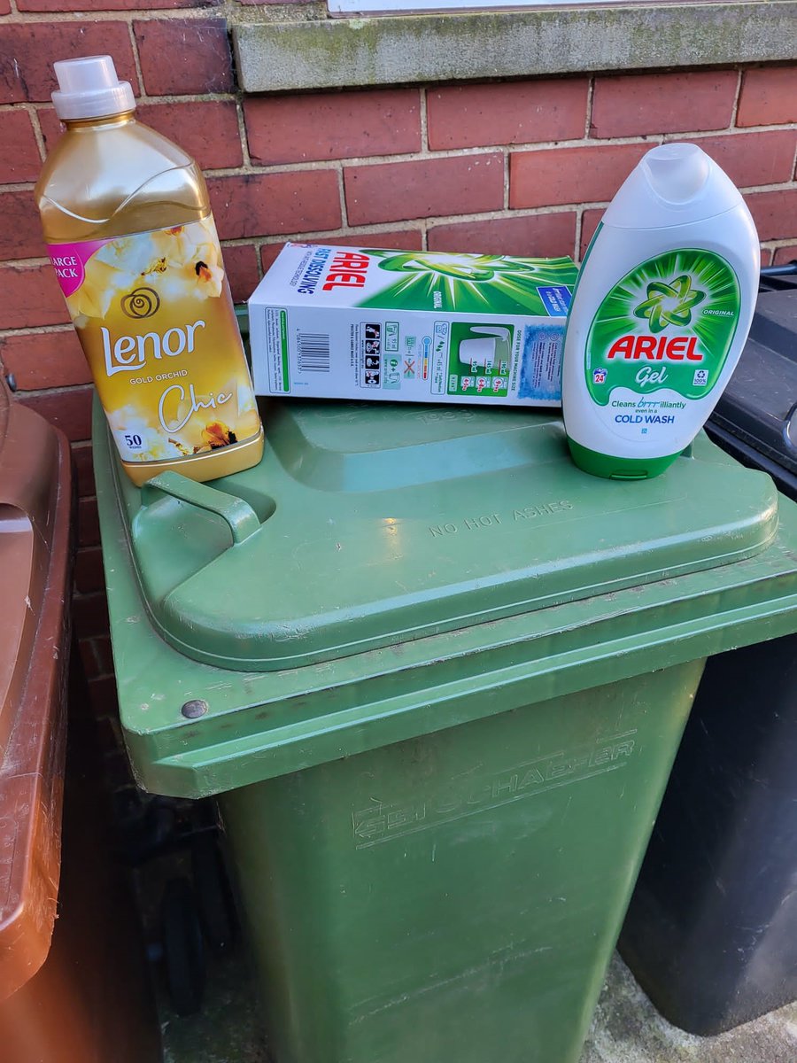 Don't get in a spin about recycling! You can recycle your plastic softner bottles and cardboard washing powder boxes in the green bin👍