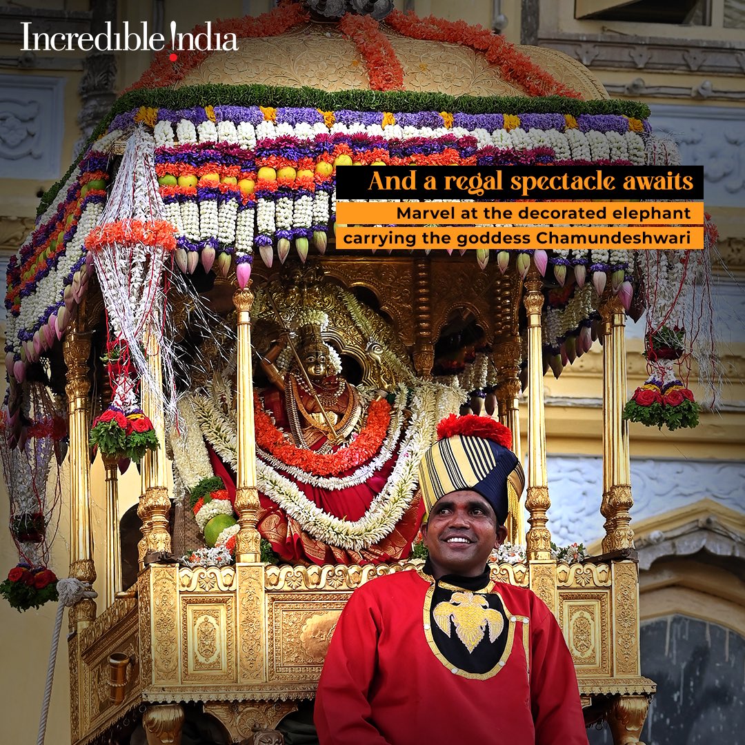 incredibleindia's tweet photo. Mysuru Dasara is one of Karnataka’s grandest celebrations. It is dedicated to the Goddess Chamundeswari and her victory over the demon Mahishasura. With over 400 years of heritage, it is the most eagerly anticipated event in Mysuru, celebrated with unparalleled zeal. Come, and experience this cultural extravaganza for yourself!