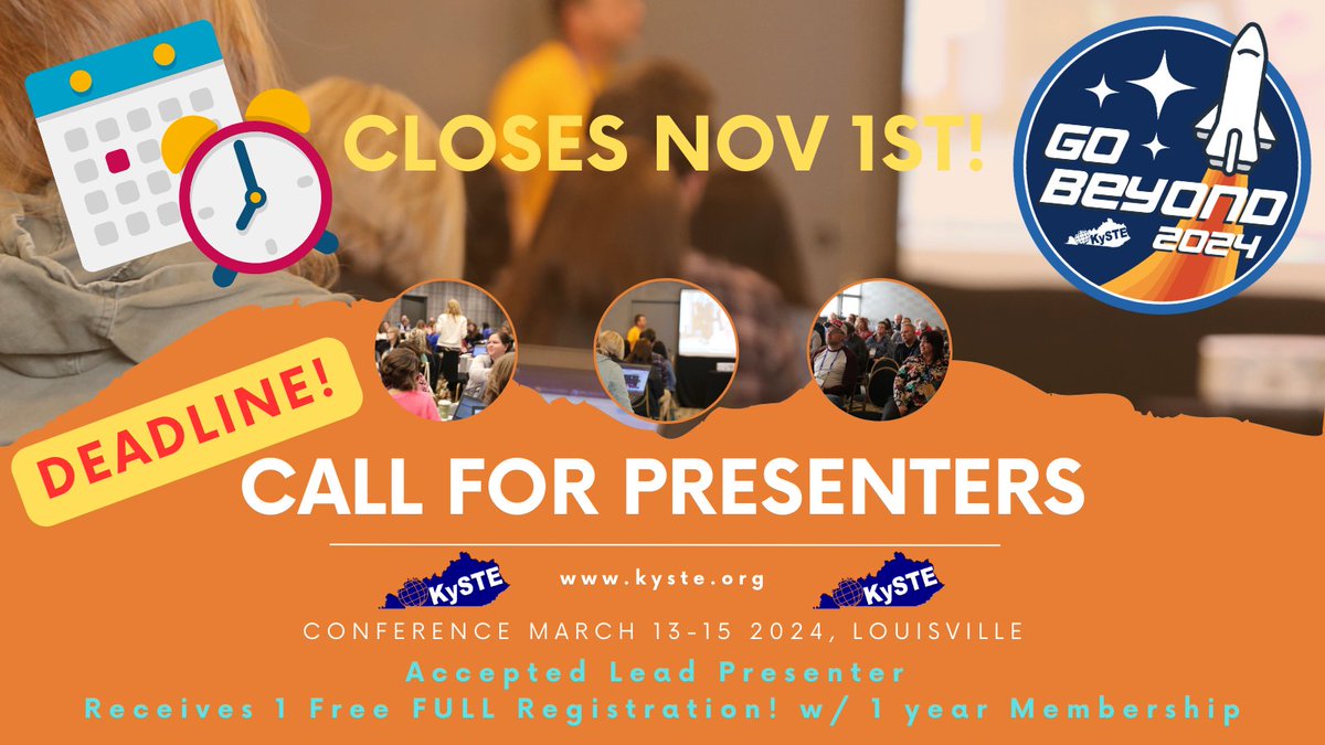kastk12's tweet image. Act Fast! #KySTE24 Call for Presenters is closing NOVEMBER 1st! 11:59PM - 1 Free registration given to each main presenter. #KYEDTech loves to learn and share with one another. What amazing things are you doing for students and educators? #GoBeyond24 bit.ly/kyste24