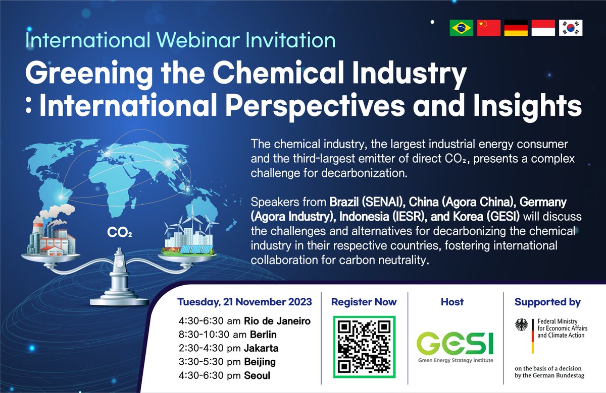 Join our webinar on Nov 21st to gain valuable insights into the global efforts for Chemical Industry Decarbonization. Explore perspectives in 🇧🇷🇨🇳🇩🇪🇮🇩🇰🇷 from @senaicetiqt , #Agorachina, #Agoraindustry, @AgoraEW , @IESR and @GESI_Korea , 🌍 Register today: t.ly/g1jeq