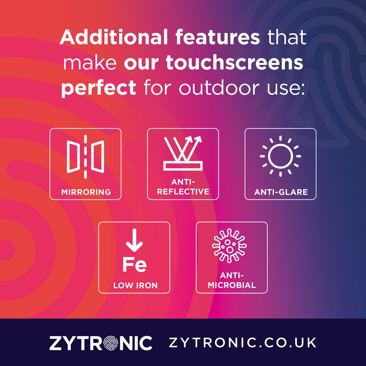 Our #touchscreen solutions are perfect for outdoor use. We can add a number of specialist features, such as anti-reflective and anti-glare #glass to minimise the effects of sunlight on your touchscreen. Find out more: zytronic.co.uk/contact/ #Technology #UKManufacturer