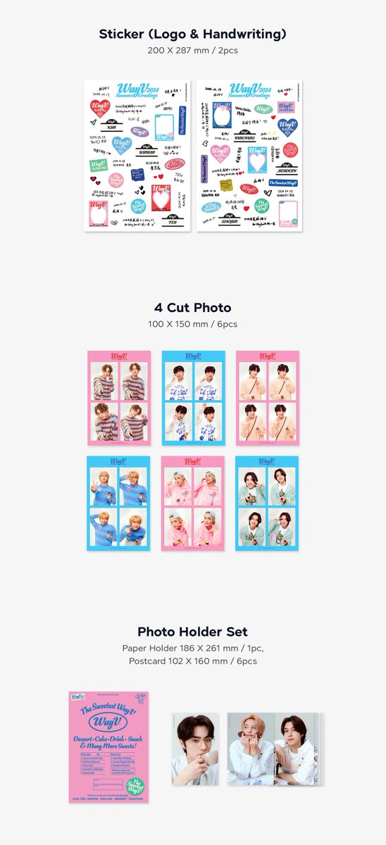 WayV_official's tweet photo. 2024 SM ARTIST SEASON’S GREETINGS #WayV 
 
[SPECIFICATION]  
1. PACKAGE   
2. DESK CALENDAR    
3. HARD COVER DIARY   
4. FOLDED POSTER SET  
5. A4 POSTER SET  
6. STICKER (LOGO & HANDWRITING)   
7. 4 CUT PHOTO  
8. PHOTO HOLDER SET  
9. PHOTO CARD SET 
10. DECO STICKER PACK 
11. POLAROID PHOTO CARD (RANDOM) 
 
You can purchase on various online shops.