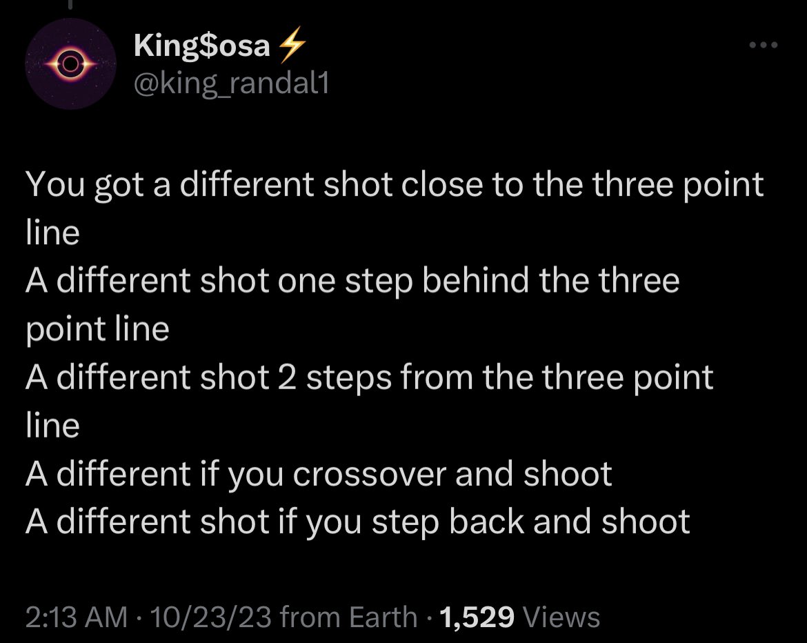 JABridgeforth's tweet photo. This is how many different Jump Shot timings there are in NBA 2K24…

(via @king_randal1)

“Moral or the story you gotta learn them all”

You got a different shot close to the three point line
A different shot one step behind the three point line 
A different shot 2 steps from the three point line
A different if you crossover and shoot 
A different shot if you step back and shoot
A different shot if your in stage 
A different shot if your in pro am 
A different shot if your in stage 
A different shot if your controller is plugged in 
A differentshot if your on a tv
A different shot if your on an monitor
A different shot if you sppedboost and shoot
A different shot if you mis direction and shoot 
A difference shot if you have Gatorade 
A different shoot if you dont have Gatorade 
A different shot if the defender is looking at you 
A differentshot if your in rec