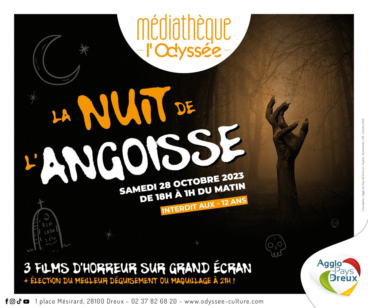 Cette année encore, la Médiathèque de l'Odyssée vous propose un marathon de 3 films d'horreur spécialement sélectionnés pour la Nuit de l'Angoisse ! 💀🎃

🗓️ RDV sam. 28 octobre, 18h
📍 Auditorium de l'Odyssée

👉 bit.ly/3Qtpuq5

#otdreux #natureroyale #mediatheque