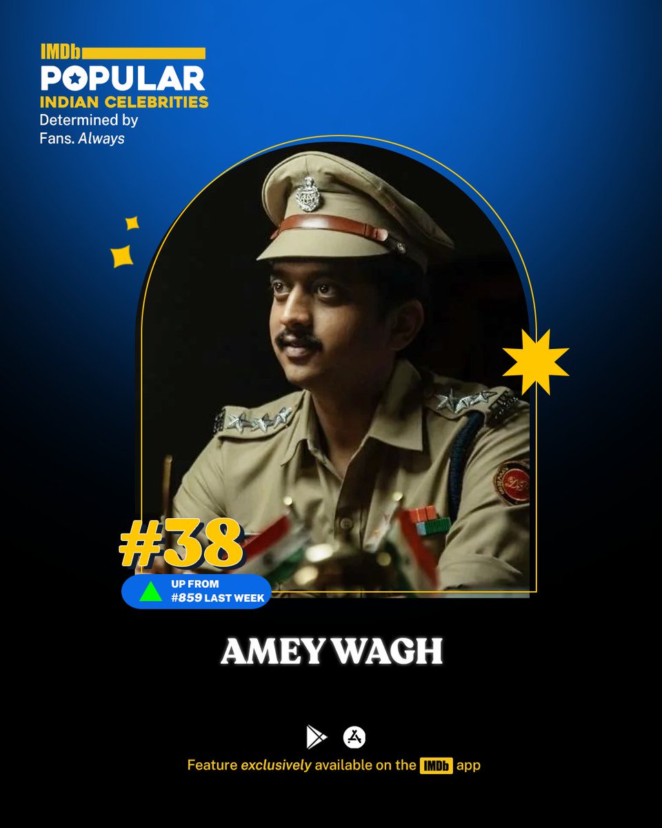 @ameywaghbola debuts at #38 in this week’s IMDb Popular Indian Celebrities Feature after his performance as ACP Ketan Sharma in @NetflixIndia ‘s #KaalaPaani ✨