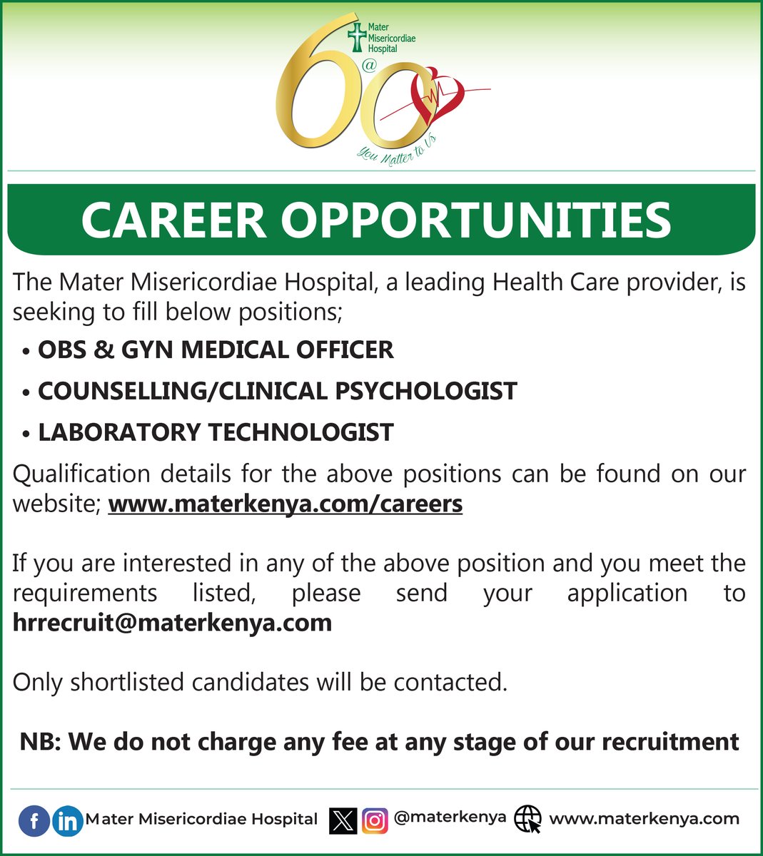 We are hiring! Check materkenya.com/careers for more details.