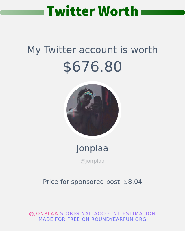 jonplaa's tweet photo. My Twitter worth is: $676.80

➡️ https://t.co/IyeEKCVDk2 https://t.co/hkYHXXMFei