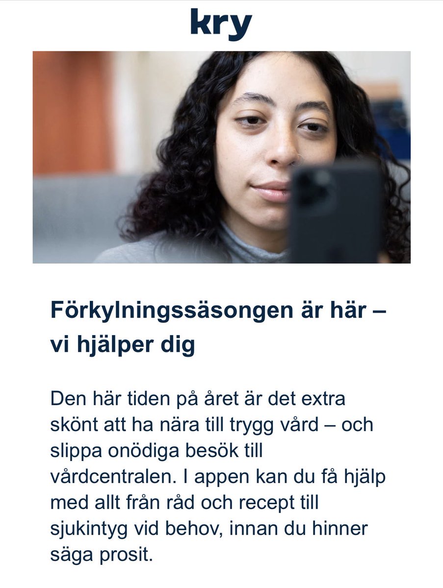 Förkyld? Ingen panik!
Erbjuder helt gratis råd till dig som är förkyld: Ta det lugnt! Nässpray och Alvedon vid behov. 
Du kommer högst troligt att överleva, och det finns varken anledning att kontakta Kry eller din vårdcentral. 
Låt oss spara skattekronorna till annat! #svmed