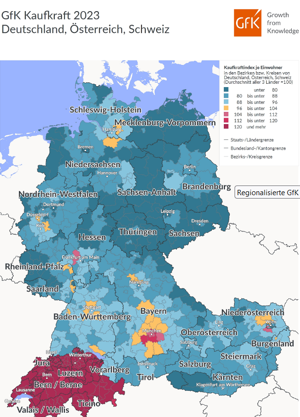 Wo wohnen Sie?

1. Links unten Schweiz: Reich, neutral, kein Euro/EU,  marktwirtschaftliche SVP dominiert.
2. Österreich und West-D: Nur wenige Städte kommen an ländliche Schweiz-Regionen heran.
3. Ost-D: Schleifspuren von 40 Jahren Sozialismus.

Sozialismus funktioniert nie.