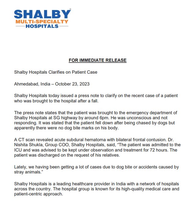 #ParagDesai Death | Official Press Release by Shalby Hospital (Source: TOI)

'The patient fell down after being chased by dogs but apparently, there were no dog bite marks on his body.'

Will the Dog Cat IT Cell at least acknowledge that there is a problem? Their lack of empathy