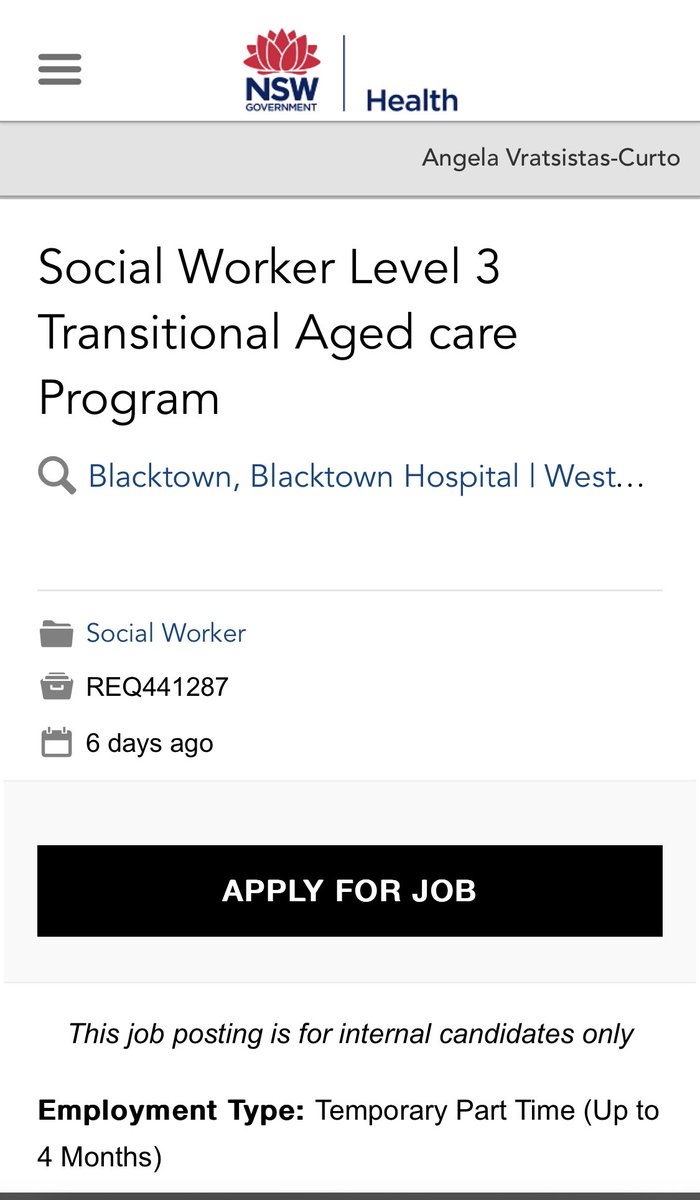 Hi All, We have a temp PT Level 3 SW opportunity in our TACP team. Staff currently working in NSW health are eligible to apply. To view the ad log in to jobs.health.nsw.gov.au & enter the REQ👇🏻. Closes 1st Nov. Spread the word. Call, email or dm with any questions. Thanks