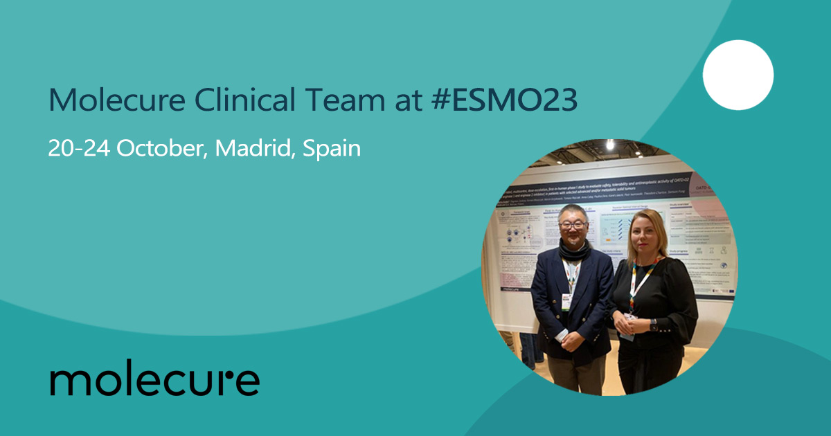 molecure_sa's tweet photo. Our Medical Director, Marta Dudek and Chief Medical Officer, Samson Fung were delighted to have attended #ESMO23 in Madrid 🇪🇸. Marta presented a poster on the first-in-human phase I study to evaluate safety, tolerability and antineoplastic activity of #OATD02. https://t.co/olKa6gotdK